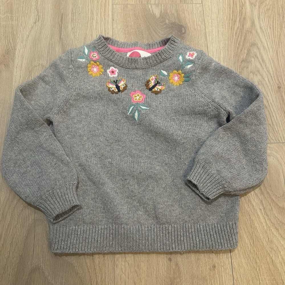 Mini Boden Girls Kids Sweater Crew Deck Floral Butterfly Embroidery SZ 5-6
